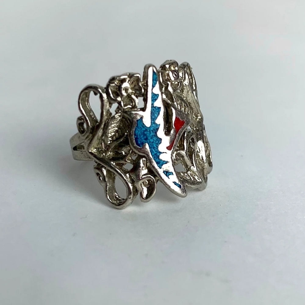 Free People Silver Ring with Blue and Red Accents